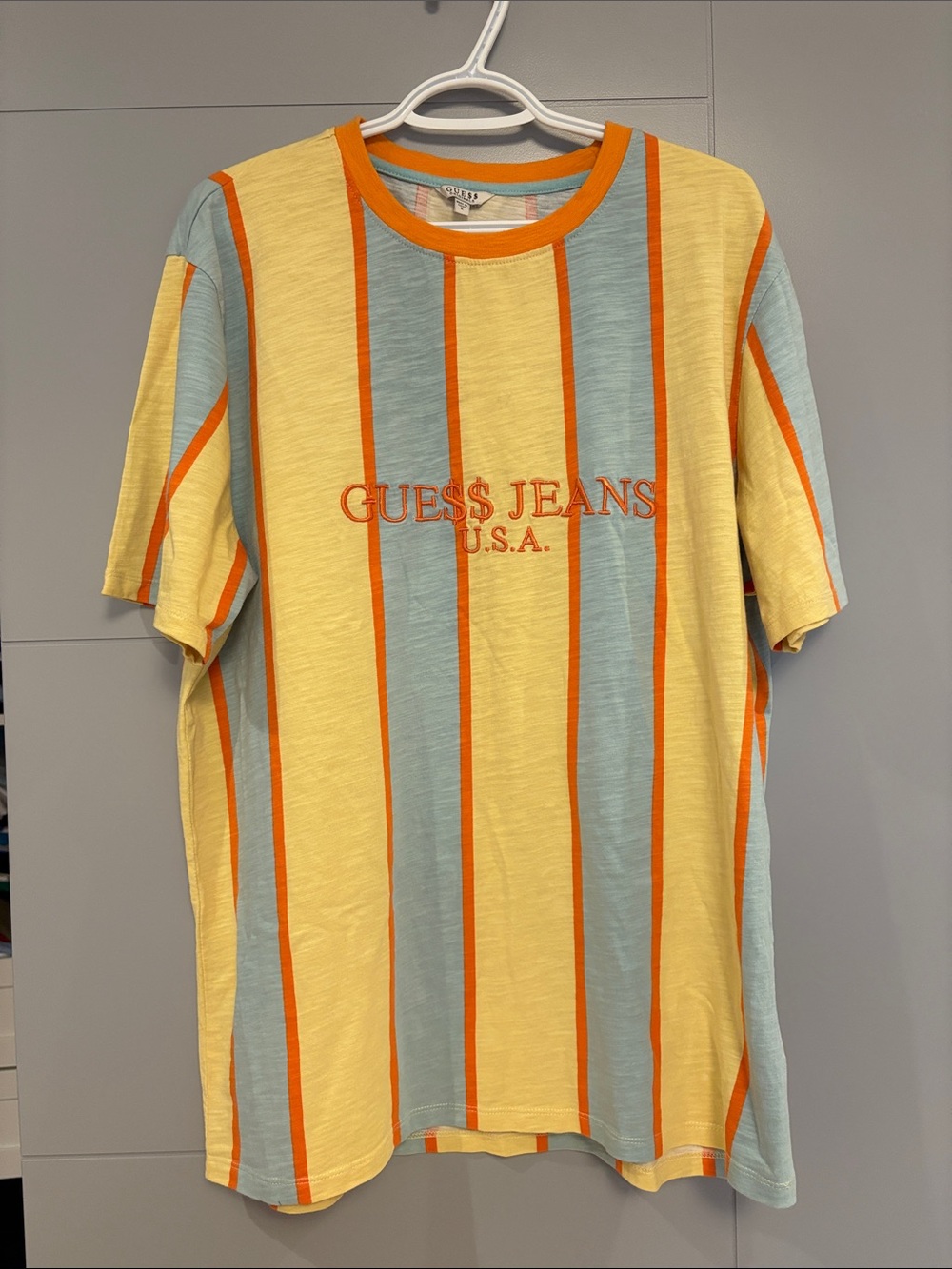 Guess ASAP ROCKY Vertical Stripe Short Sleeve Tee in Yellow, Light Blue & Orange